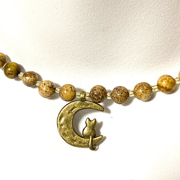 Jasper Stone Bronze Cat on the Moon Necklace, Genuine Gemstone Beaded Necklace - Picture 3 of 10